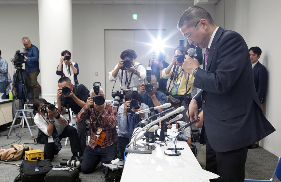 Nissan Motor Co. President and Chief Executive Officer Hiroto Saikawa speaks during a press conference at Nissan Motor Co. Global Headquarter Monday Nov. 19, 2018 in Yokohama, near Tokyo. Nissan Motor Co.'s high-flying chairman Carlos Ghosn was arrested Monday and will be dismissed after he allegedly under-reported his income and engaged in other misconduct, the company said Monday. (AP Photo/Shuji Kajiyama)