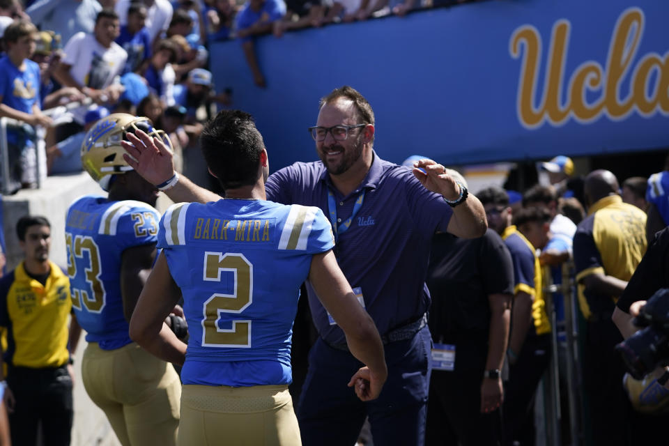 UCLA place kicker Nicholas Barr-Mira (2) celebrates after Barr-Mira kicked a field goal to win an NCAA college football game against South Alabama in Pasadena, Calif., Saturday, Sept. 17, 2022. UCLA won 32-31. (AP Photo/Ashley Landis)