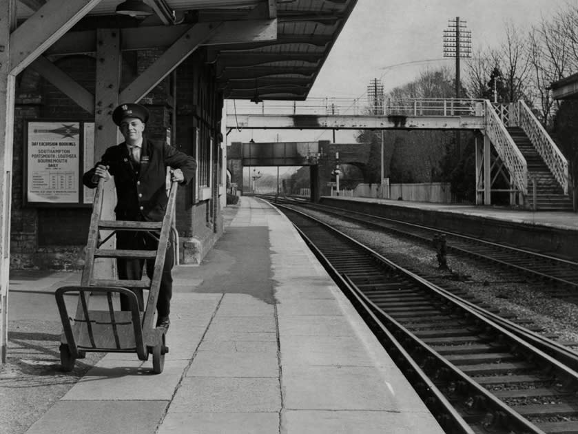 Porter John Sugg at Aldermaston Station the day after the Beeching Reportwas revealed.