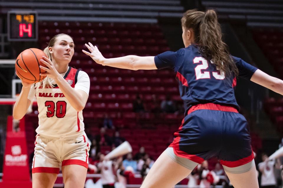 Ball State women's basketball's Anna Clephane scored a career-high 31 points in the team's WNIT first-round game against Belmont at Worthen Arena on Thursday, March 16, 2023.