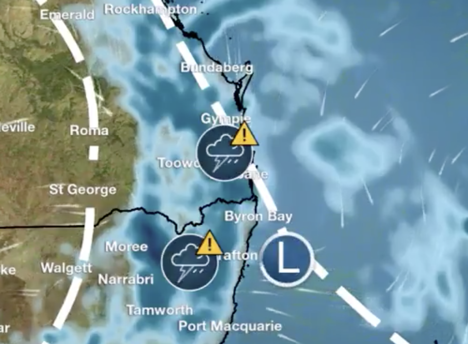 A weather map showing storms hitting South East Queensland on Wednesday afternoon.