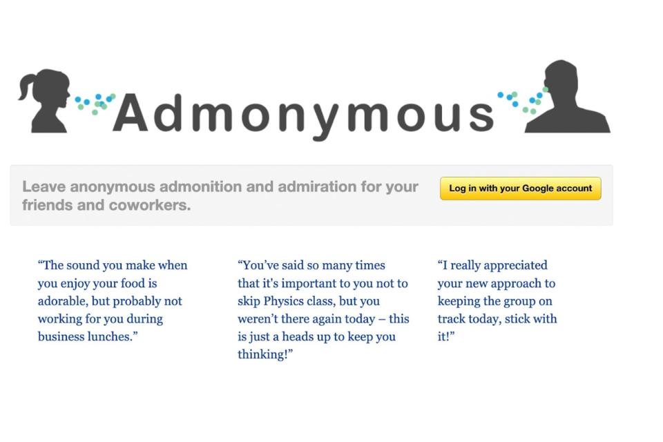 A webpage from the service Admonymous has two silhouettes with speech bubbles. 