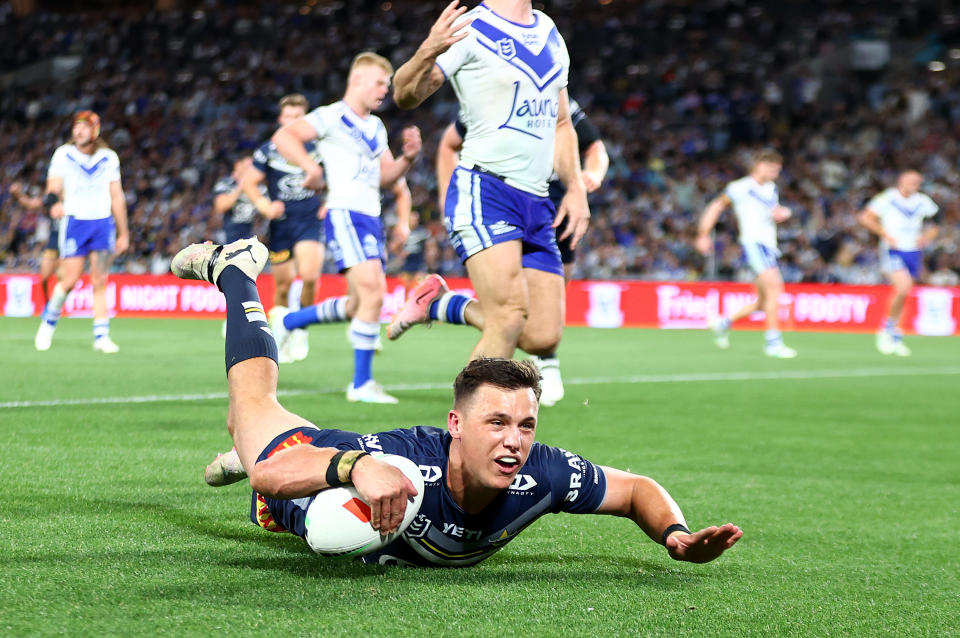 SYDNEY, AUSTRALIA - SEPTEMBER 07: Scott Drinkwater of the Cowboys scores a try during the round 27 NRL match between Canterbury Bulldogs and North Queensland Cowboys at Accor Stadium, on September 07, 2024, in Sydney, Australia. (Photo by Mark Nolan/Getty Images)