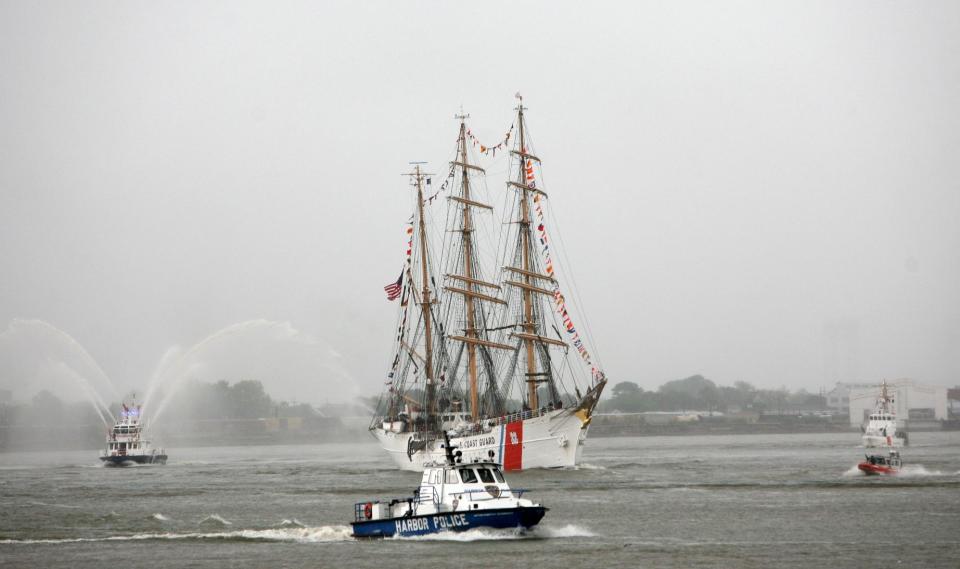 FILE - In this Tues., April 17, 2012 file photo provided by the U.S. Navy, the U.S. Coast Guard cutter barque Eagle arrives in New Orleans as part of The War of 1812 Bicentennial Commemoration. The events in New Orleans are part of a series of city visits by the Navy, Coast Guard, Marine Corps and Operation Sail beginning in April 2012 and concluding in 2015. New Orleans is the first and the last city visit in the series. (AP Photo/U.S. Navy, Petty Officer 1st Class David P. Coleman, File)