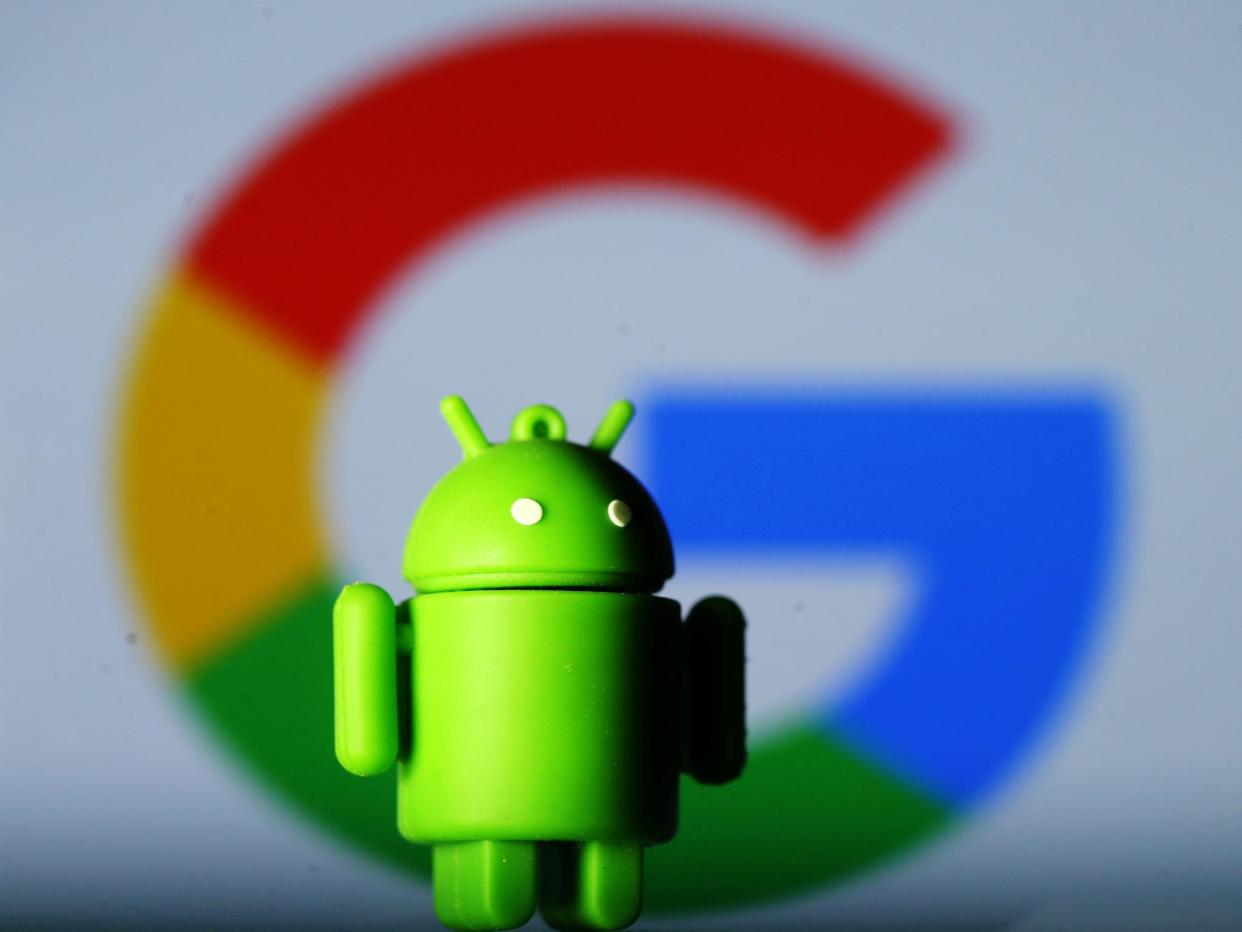 A 3D printed Android mascot Bugdroid is seen in front of a Google logo in this illustration taken July 9, 2017. Picture taken July 9, 2017: REUTERS/Dado Ruvic