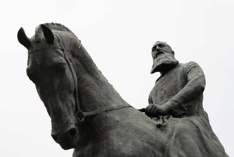 Statue of Belgian King Leopold II is seen near Brussels' Royal Palace, in Brussels