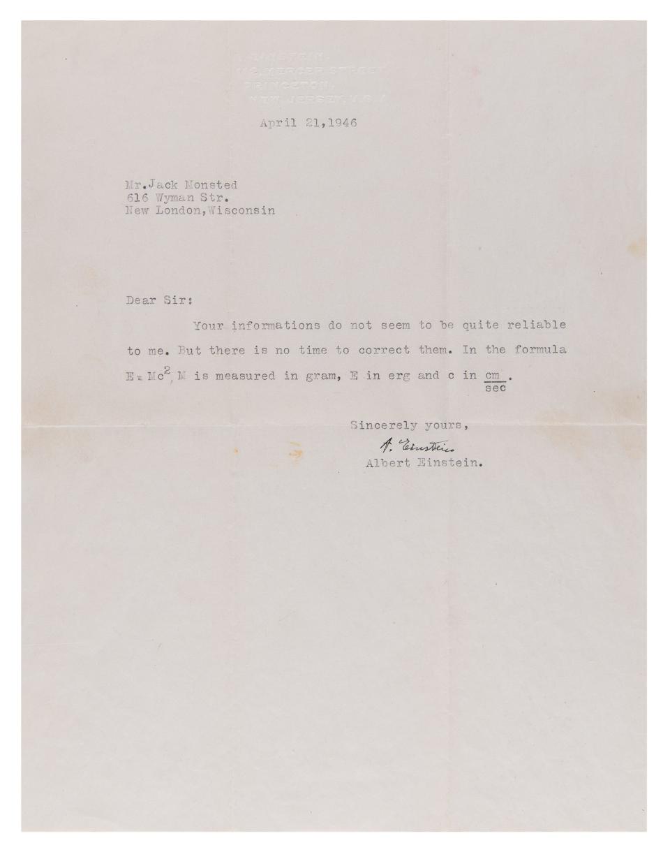 The full letter New London resident Jack Monsted received from Albert Einstein, dated April 21, 1946. Monsted, a high school senior at the time, wrote Albert Einstein asking him what the equation E=mc2 meant.