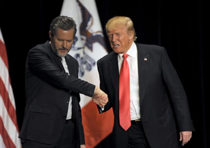 Donald Trump shakes hands with Jerry Falwell Jr., president&#xa0;of Liberty University, the nation&#x002019;s largest Christian university, during an Iowa campaign event, Jan. 31, 2016. (Photo: Dave Kaup/Reuters)