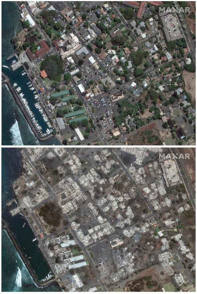 衛星照片顯示拉海納遭野火焚毀前後的景象。美聯社