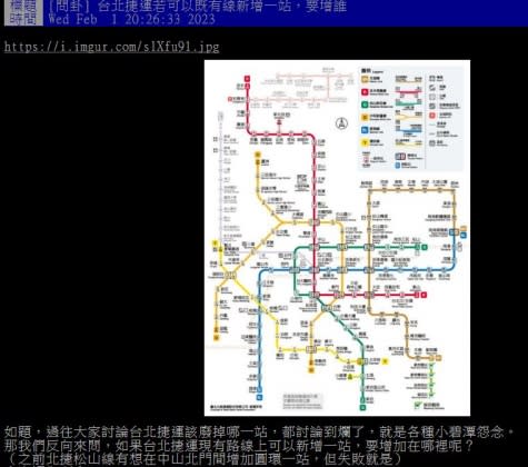 原PO在PTT發文詢問，大家希望哪邊能夠增設新的捷運站？（圖／翻攝自PTT）