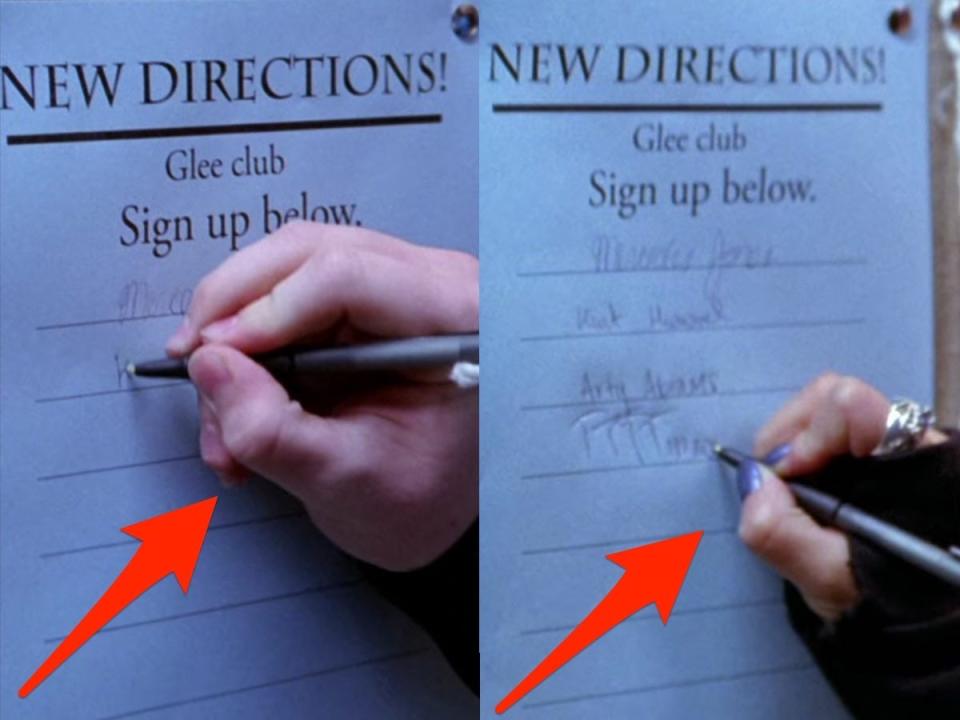 Glee sign up sheet with arrows pointing to right hand