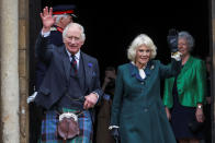 <p>King Charles III and Camilla at their first official engagement as King and Queen Consort in Dunfermline, Scotland (Reuters)</p> 