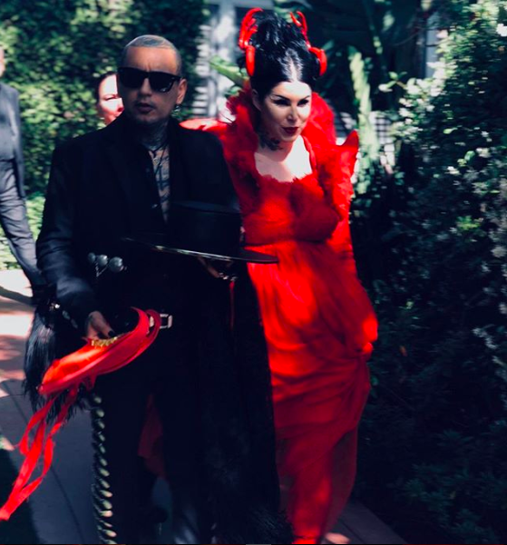 <p>Kat Von D and musician Rafael Reyes celebrated their nuptials with close friends and family in June 2018 and proved that you needn’t follow tradition on your big day. Eschewing bridal white, the makeup mogul chose a bespoke blood-red gown by Adolfo Sanchez complete with a Majesty Blackheadpiece. <em>[Photo: Instagram] </em> </p>