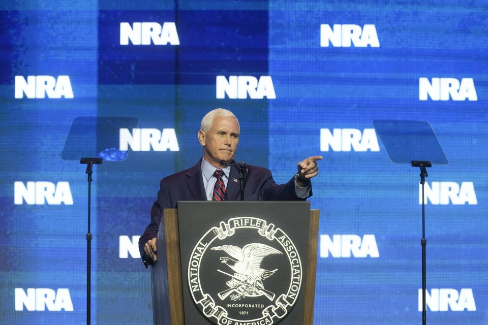 Former Vice President Mike Pence speaks during at the National Rifle Association Convention, Friday, April 14, 2023, in Indianapolis. (AP Photo/Darron Cummings)