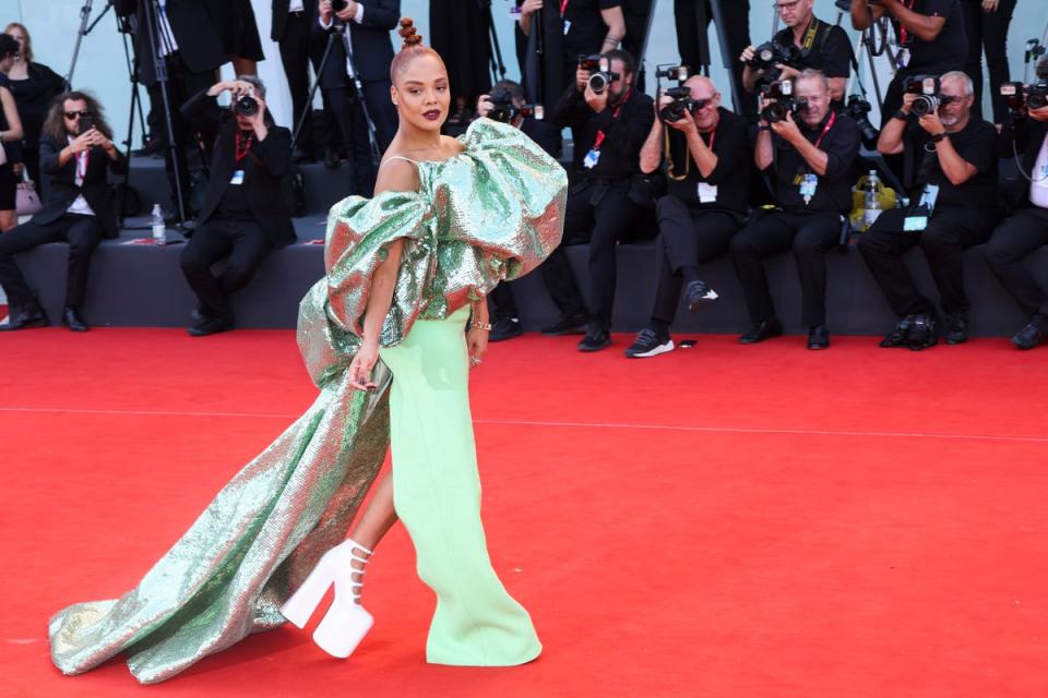 Tessa Thompson poses for photographers upon arrival at the premiere of the film ‘Don’t Worry Darling’ during the 79th edition of the Venice Film Festival in Venice, Italy, Monday, Sept. 5, 2022. (Joel C Ryan/Invision/AP)