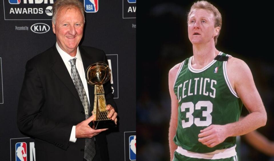 Larry Bird receives Lifetime Achievement Award at the 2019 NBA Awards, left, Larry Bird on the court during game as Boston Celtics player, right. (Photo: (Photo by Joe Scarnici/Getty Images for Turner Sports)