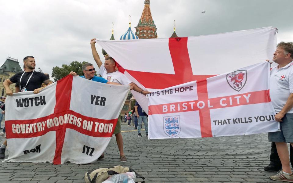 National pride: England fans in Moscow ahead of the World Cup semi final.