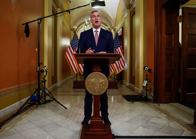 U.S. House Speaker Kevin McCarthy (R-CA) delivers remarks on the debt ceiling, in Washington