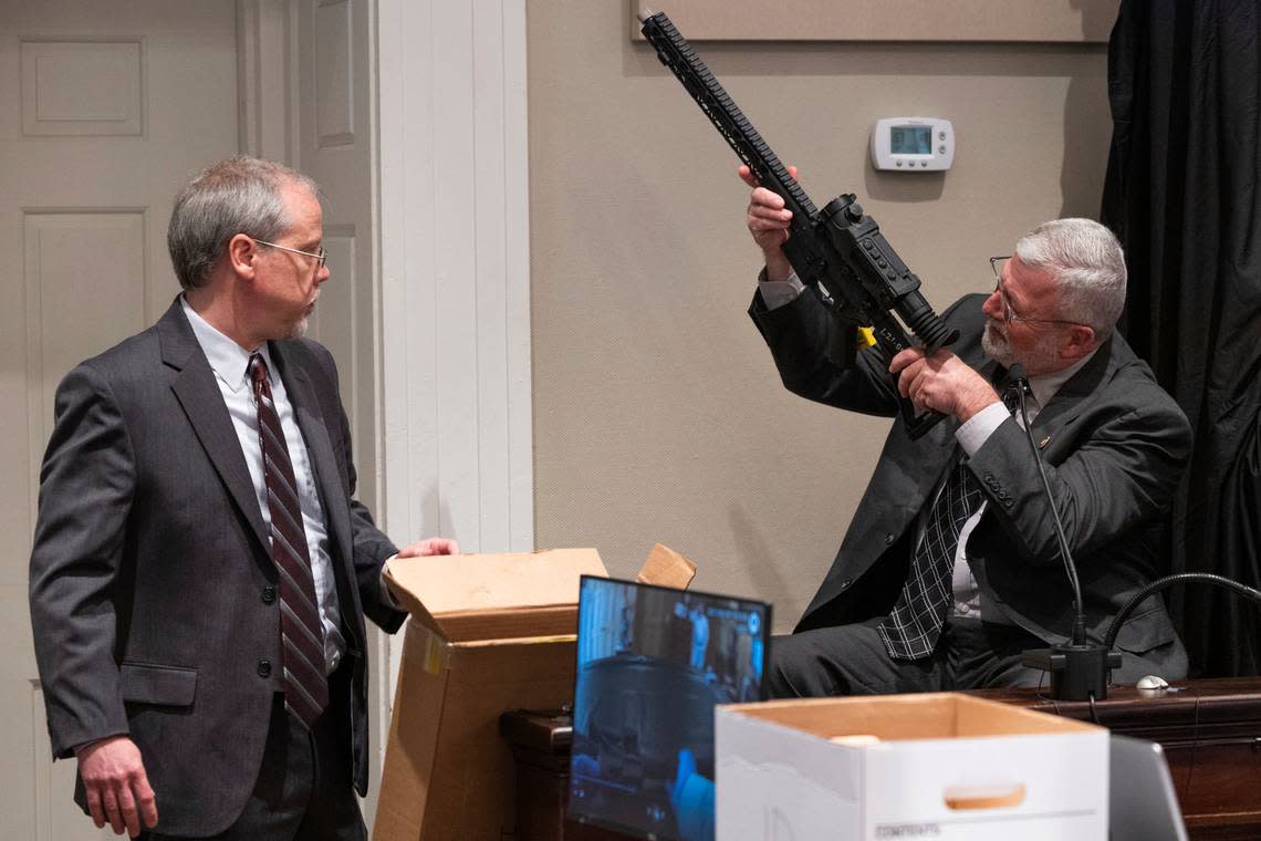 Prosecutor Creighton Waters asks witness Jeff Croft, a SLED senior special agent, questions about weapons and ammunition collected from Alex Murdaugh’s home during Murdaugh’s trial for murder at the Colleton County Courthouse on Monday, Jan. 30, 2023. (Joshua Boucher/The State via AP, Pool)