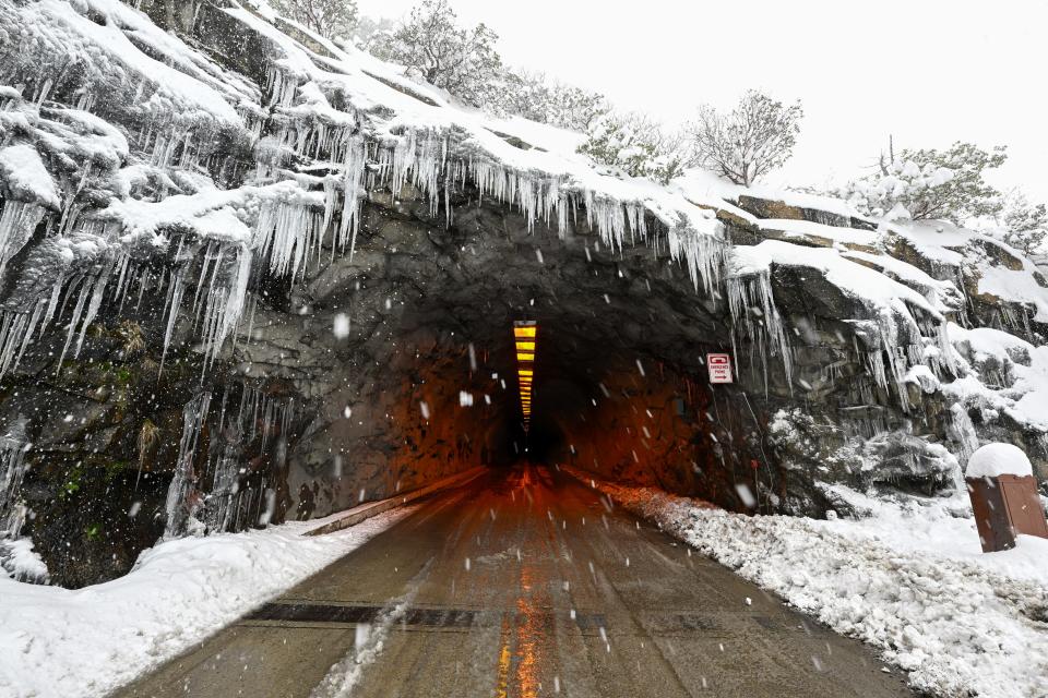 Wawona tunnel is seen as snow blanke Yosemite National Park in California, United States on February 23, 2023 as winter storm alerted in California.