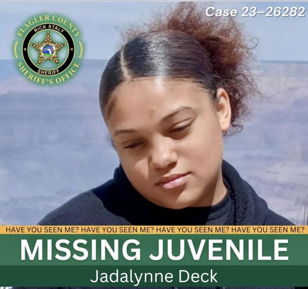 The Flagler County Sheriff's Office is looking for 12-year-old Jadalynne Deck, who has been missing since Friday.