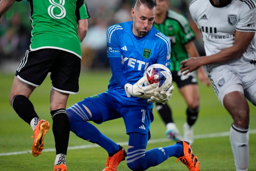 Austin FC goalkeeper Brad Stuver (1) blocks a San Jose Earthquakes shot during the first half of an MLS soccer match in Austin, Texas, Saturday, April 29, 2023. (AP Photo/Eric Gay)