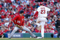 Adam LaRoche #25 of the Washington Nationals bobbles the ball making David Freese #23 of the St Louis Cardinals safe during Game One of the National League Division Series at Busch Stadium on October 7, 2012 in St Louis, Missouri. (Photo by Jamie Squire/Getty Images)