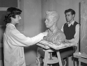 Luise Kaish sculpting Morton Kaish bust at Syracuse University, 1949