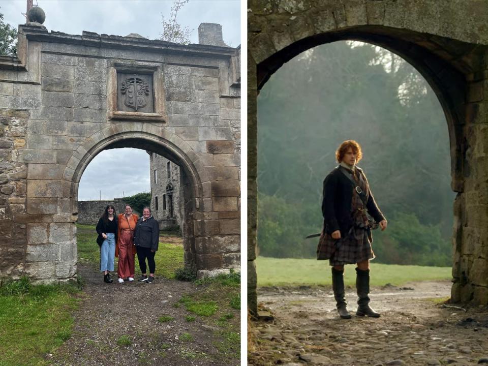 A side by side collage of people standing under the archway at Midhope Castle; on the left group of three, on the right, Jamie Fraser from "Outlander"