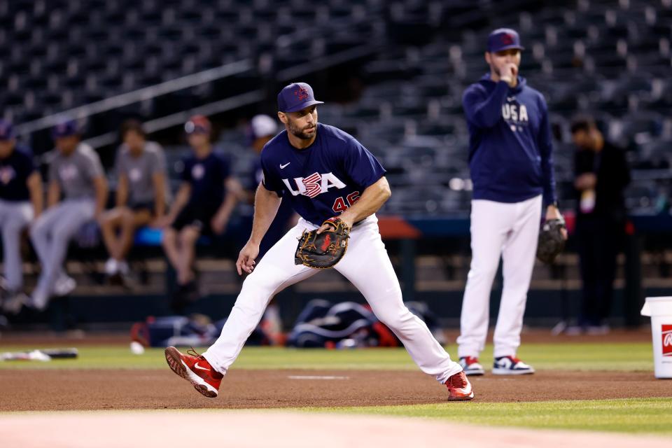 Paul Goldschmidt practices with Team USA on Friday at Chase Field ahead of the World Baseball Classic.