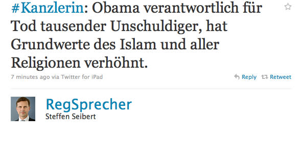 <p>Als Osama Bin Laden in einem von Obama-Regierung angeordneten Militäreinsatz getötet wurde, bekundete der deutsche Regierungssprecher Steffen Seibert seine Unterstützung für das Vorgehen der USA. Dumm nur, dass er dabei einen Buchstaben verwechselte… (Foto: Twitter) </p>