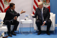 <p>President Donald Trump meets with Mexican President Enrique Pena Nieto at the G20 Summit, Friday, July 7, 2017, in Hamburg. (Photo: Evan Vucci/AP) </p>