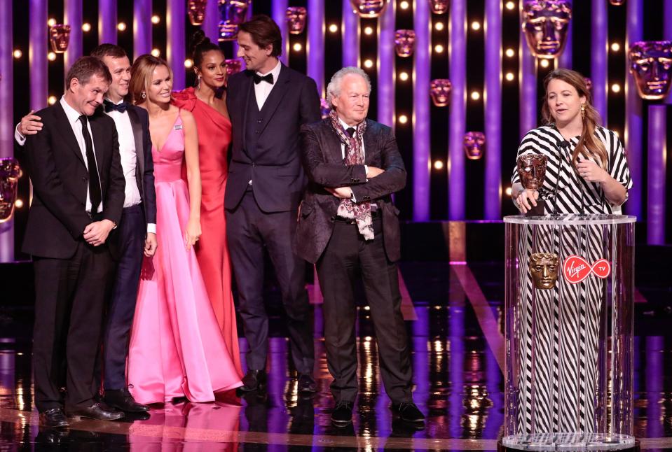 Producer Amelia Brown leads the thanks on stage at the TV BAFTAS. (REX)