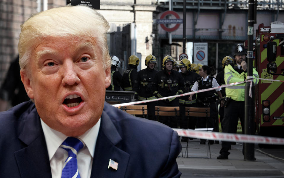 President Trump; London. (Yahoo News photo illustration; photos: AP, Hannah McKay/Reuters)