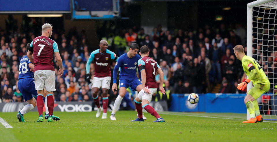 <p>Chelsea’s Cesar Azpilicueta scores the first goal against West Ham </p>