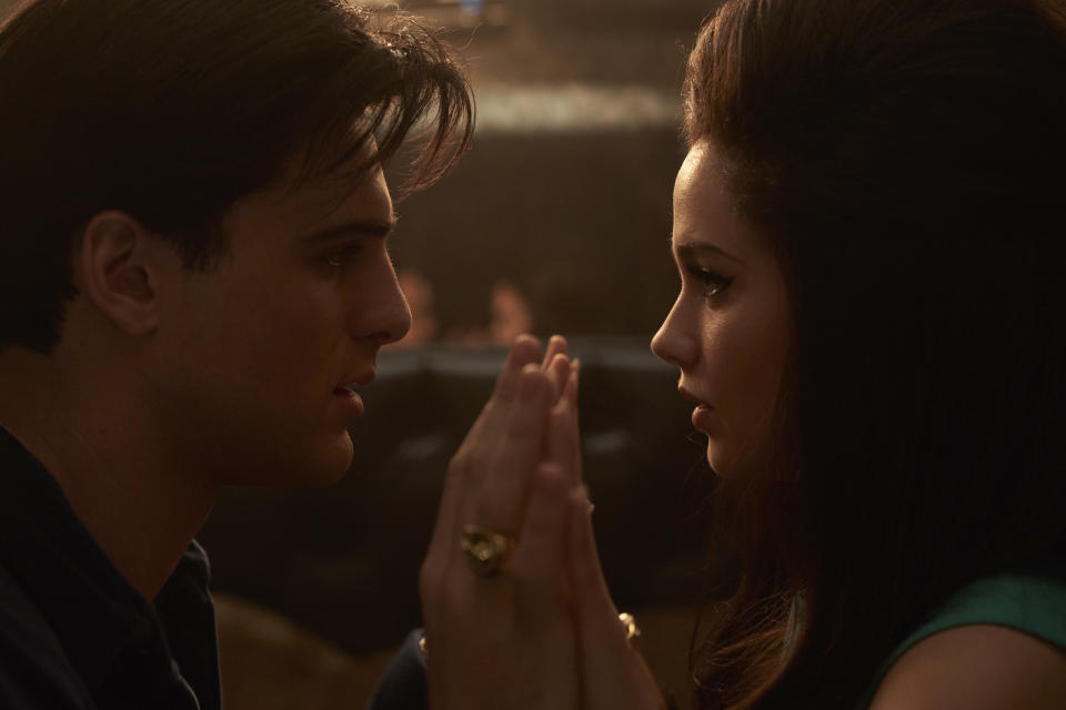 This image released by A24 shows Jacob Elordi as Elvis, left, and Cailee Spaeny as Priscilla, in a scene from "Priscilla." (Sabrina Lantos/A24 via AP)