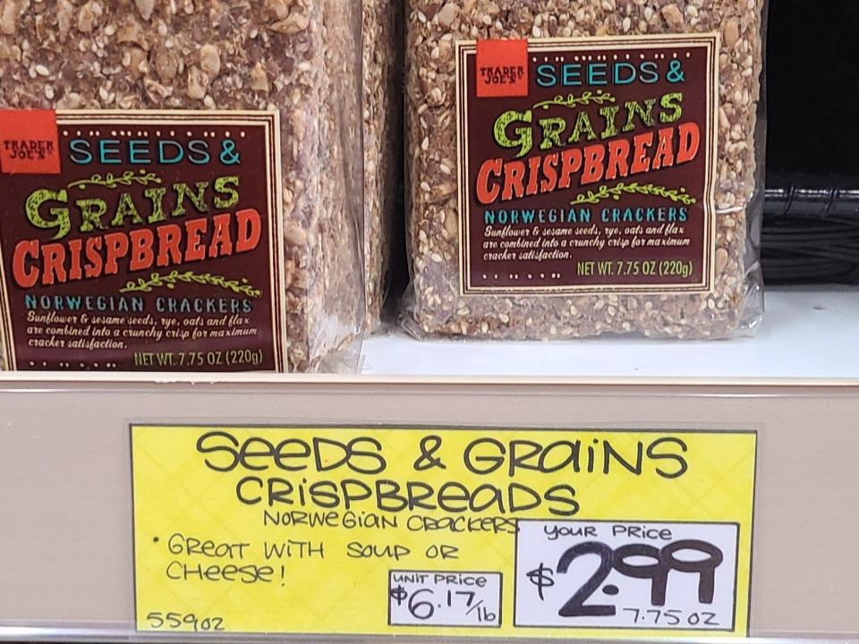 seeds and grains crispbread on the shelves at trader joes