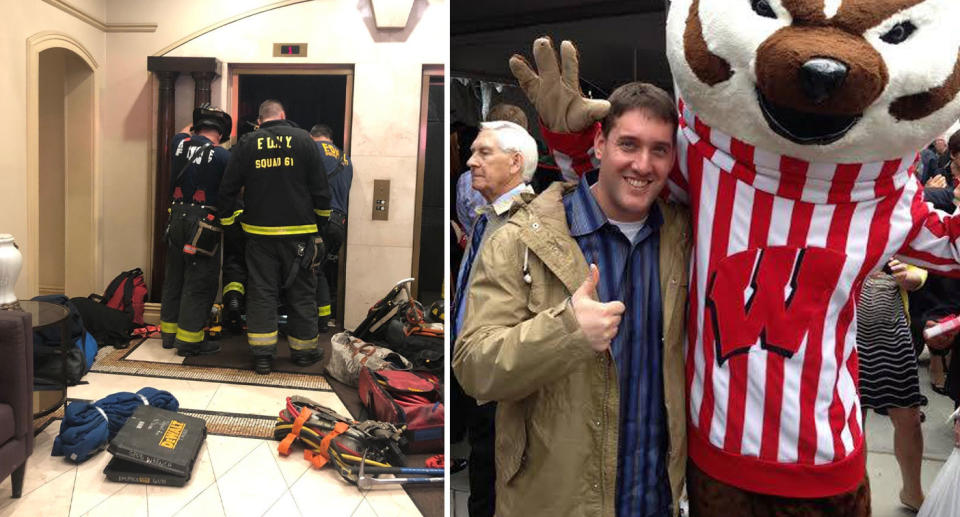 Firefighters at the New York elevator and right Sam Waisbren who was crushed to death.