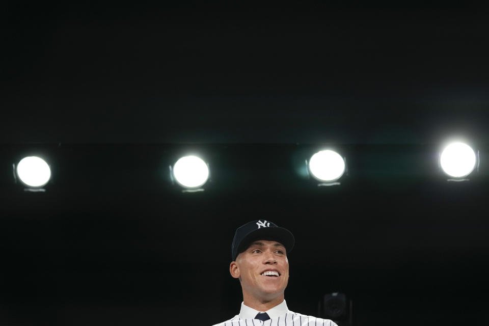 New York Yankees' Aaron Judge participates in a news conference at Yankee Stadium, Wednesday, Dec. 21, 2022, in New York. Judge has been appointed captain of the New York Yankees after agreeing to a $360 million, nine-year contract to remain in pinstripes. (AP Photo/Seth Wenig)