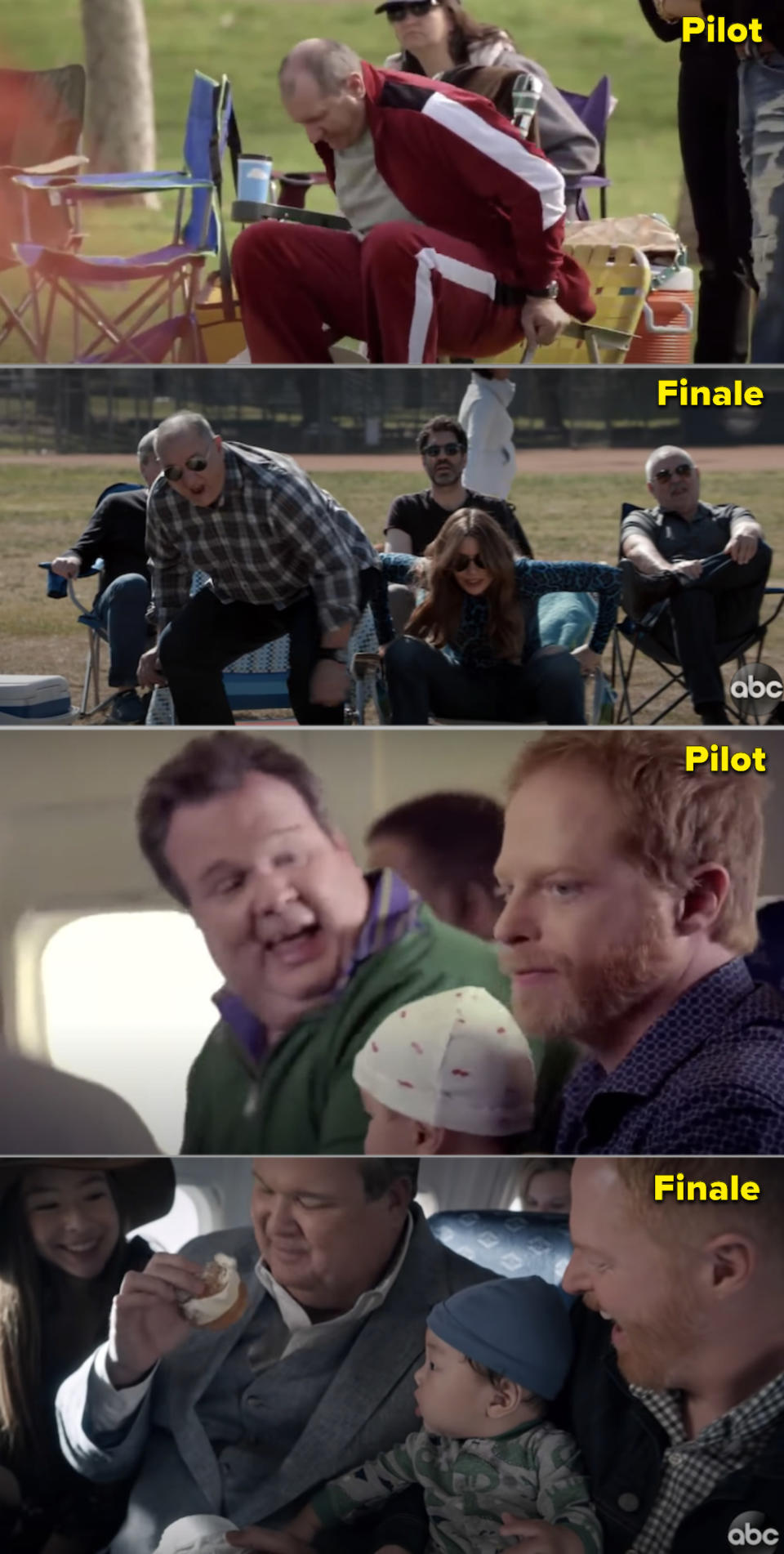 Side-by-side comparisons of the pilot and finale with Jay and Gloria at a soccer game, vs. Cam and Mitchel on a plane bringing their new baby home