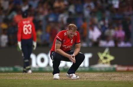 Cricket - England v West Indies - World Twenty20 cricket tournament final - Kolkata, India - 03/04/2016. England's Ben Stokes reacts after his teammate Sam Billings dropped a chance to catch out West Indies Dwayne Bravo. REUTERS/Adnan Abidi