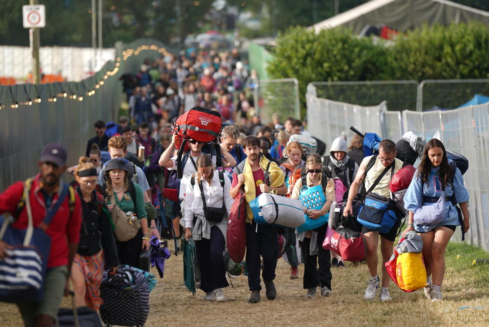 People seen leaving the Glastonbury Festival at Worthy Farm in Somerset. Picture date: Monday June 26, 2023. (Photo by Yui Mok/PA Images via Getty Images)