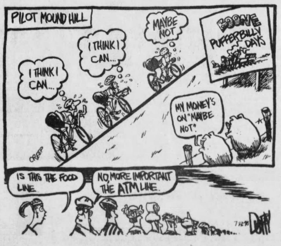 A Brian Duffy cartoon about Pilot Mound/ Twister Hill in 1998