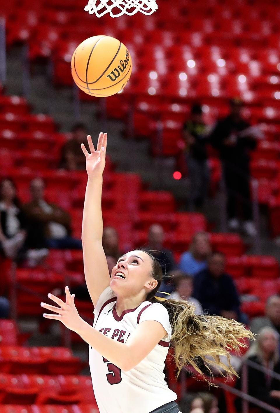 Lone Peak’s Shawnee Nordstrom shoots during a 6A girls quarterfinal basketball game against Westlake at the Huntsman Center in Salt Lake City on Monday, Feb. 26, 2024. Lone Peak won 59-50. | Kristin Murphy, Deseret News