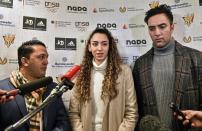 Iranian Taekwondo athlete Kimia Alizadeh speaks to the media at a press conference in Luenen, Germany, Friday, Jan. 24, 2020. Iran's only female Olympic medalist fled from the Islamic Republic and said she wants to compete for Germany. (AP Photo/Martin Meissner)