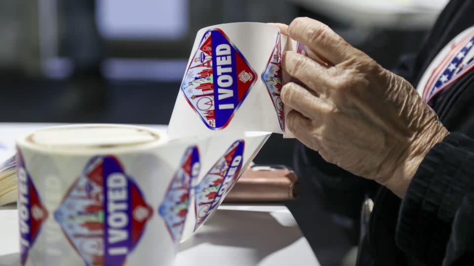 "I Voted" stickers are available at a Las Vegas polling station for those participating in Tuesday's primary. - Ian Maule/Bloomberg/Getty Images