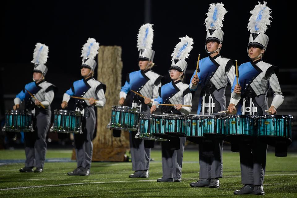 The Hardin Valley marching band performs during the annual Knox County Band Exhibition in Farragut, Tenn. on Tuesday, Nov. 1, 2022.