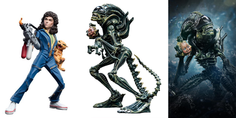 Weta Aliens toys with Jonesy, Ripley, and a xenomorph