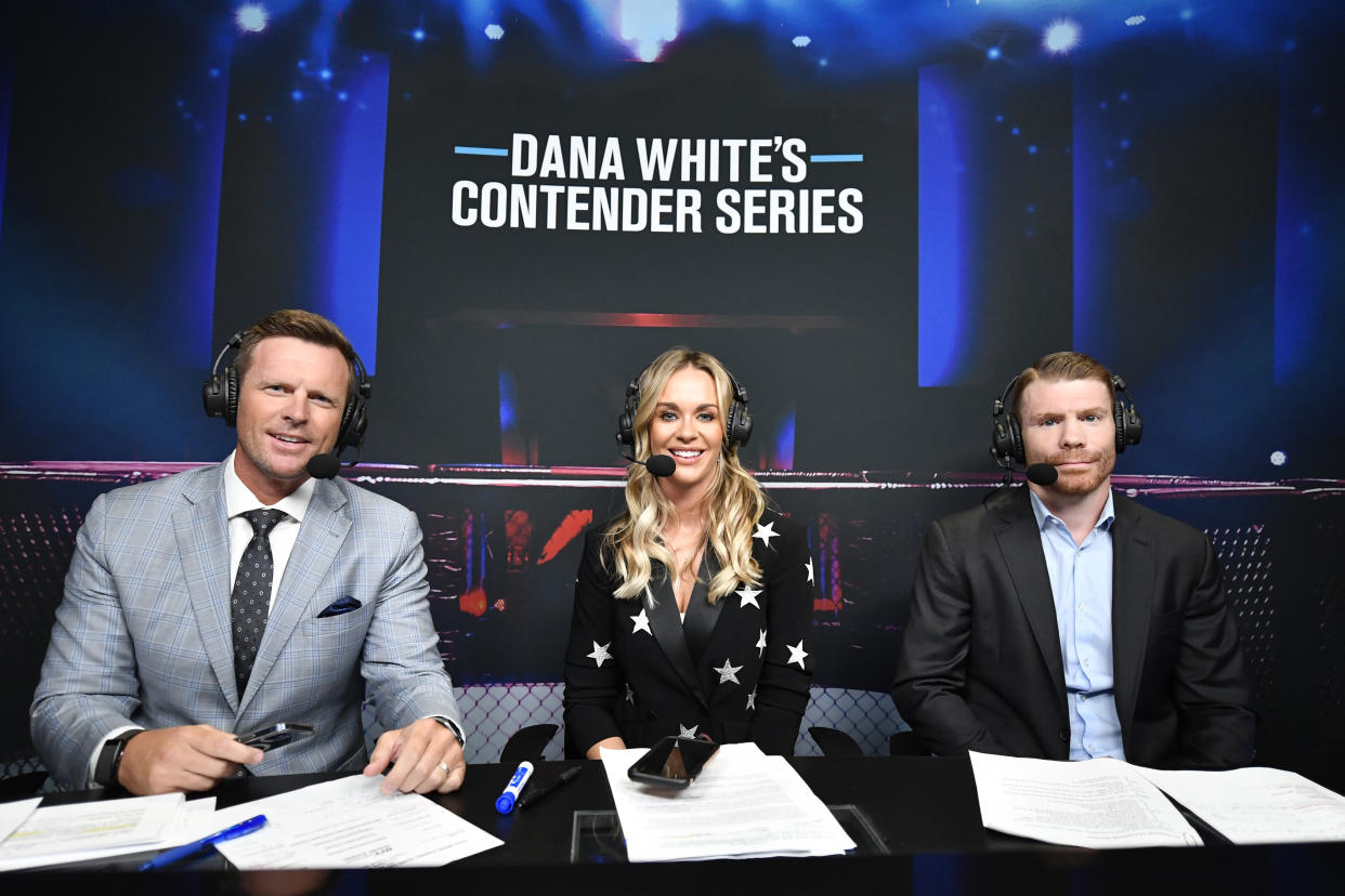 LAS VEGAS, NEVADA - AUGUST 31: (L-R) Dan Hellie, Laura Sanko, and Paul Felder host the ESPN broadcast during Dana White's Contender Series season five week one at UFC APEX on August 31, 2021 in Las Vegas, Nevada. (Photo by Chris Unger/Zuffa LLC)