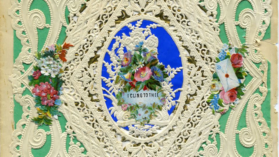 Brightly colored paper placed beneath the lace accentuates the design. - Collection of Worcester Historical Museum